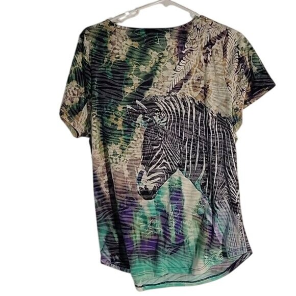 Zebra Print Womens T-Shirt With Rhinestones By Onque Casuals Size L Polyester/Sp - Picture 4 of 6